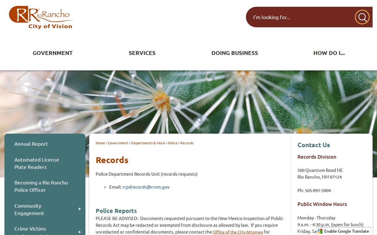Rio Rancho Police records page for Rio Rancho booking record requests